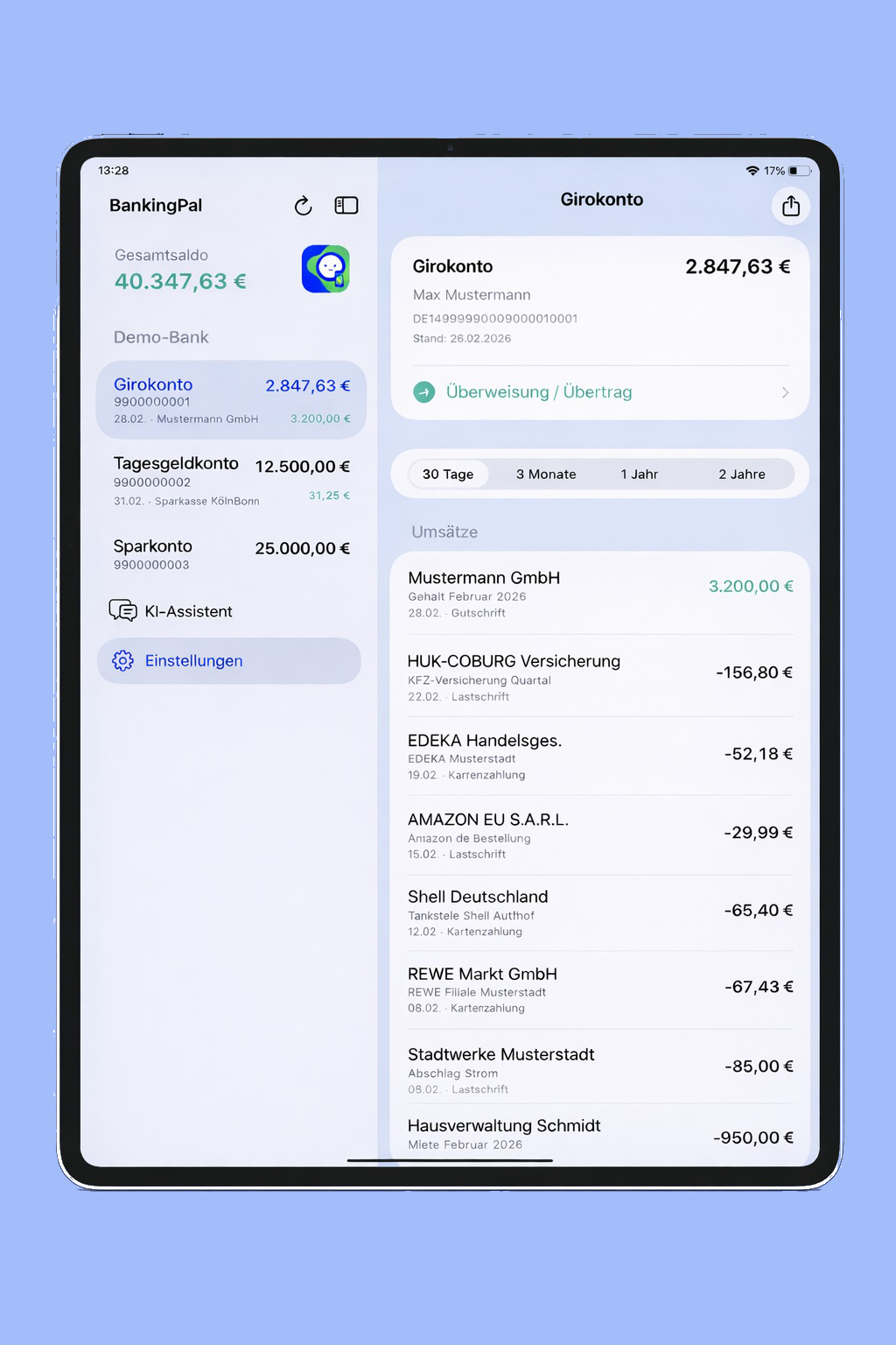 BankingPal Pocket iPad Kontoübersicht