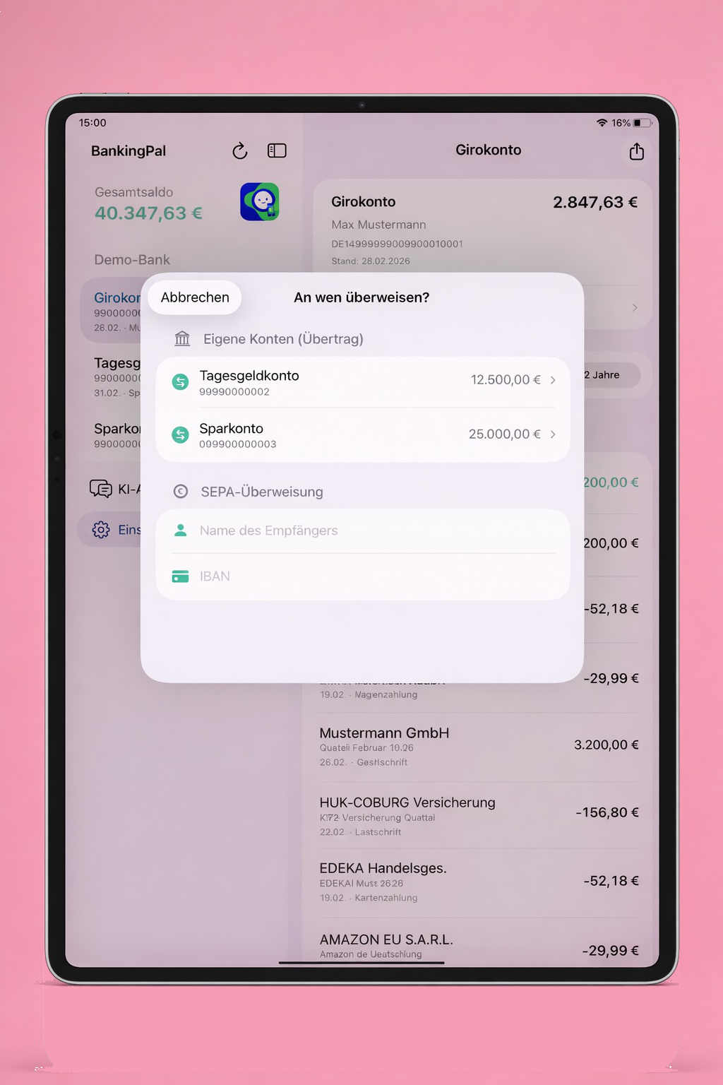 BankingPal Pocket iPad SEPA-Überweisung