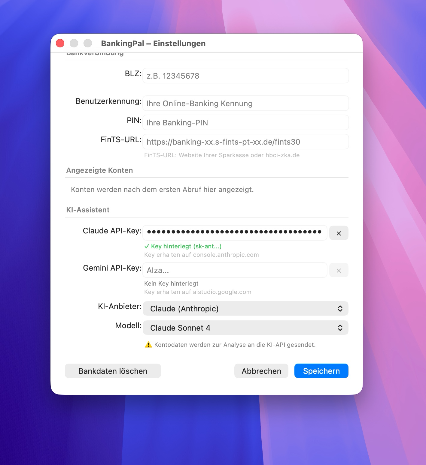 BankingPal Einstellungen und Bankkonfiguration