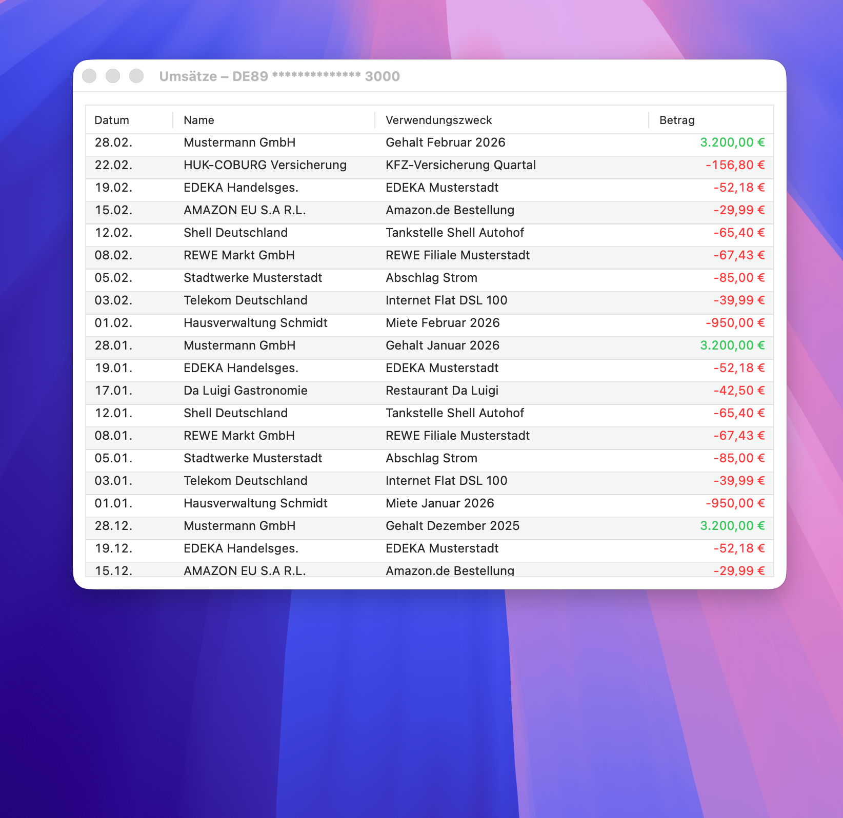 BankingPal Transaktionsübersicht und Umsatzhistorie